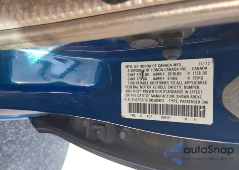 2013 Honda Civic Lx z USA, uszkodzony, nr VIN 2HGFB2F57DH505801